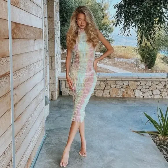 Roberta Einer Rainbow Bodycon Midi Dress Pastel Sheer Medium Large 10 - Picture 16 of 16